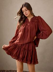 Wildy 秋季女装 波西米亚风女装 西部风女装两件套 女士纯色衬衫和荷叶边母鸡裙套装 西部女装 波西米亚风女装 荷叶边两件套 多层荷叶边两件套 荷叶边裙 荷叶边两件套 灯笼袖两件套 西部风女装休闲装 春季 - 咖啡棕 - 查看 2