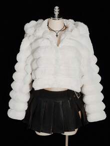 SHEIN ICON 加大码女式 Y2k 派对外出连帽拉链短款人造毛皮冬季女式夹克，时尚设计 - 白色 - 查看 8