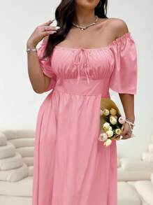 Solflare Váy dài tay ngắn màu hồng cỡ lớn, mùa xuân/hè - Hồng - Xem 6