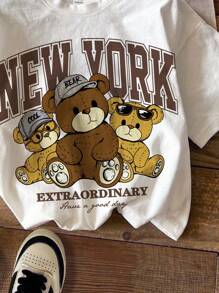SHEIN Young Boy Casual Minimalist Cartoon Bear Print Short Sleeve Round Neck T-Shirt, Suitable For Summer - White - View 4