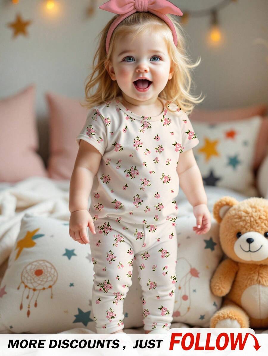 SHEIN Áo thun tay ngắn cổ tròn họa tiết hoa cho bé gái mặc ở nhà, mùa hè - trắng - Xem 1