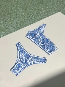 SHEIN Swim 女士一字肩印花時尚泳衣套裝嘉年華