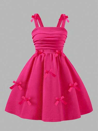Tween Girls' Elegant Solid Color 3D Full Body Ribbon Bow Pleated Strap Dress, Popular For Party, Spring/Summer New Arrival