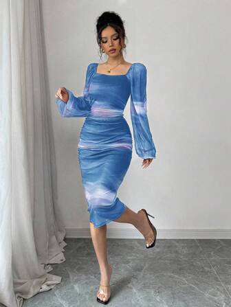 Rafferiza 女士豹纹长袖网眼连衣裙，休闲通勤毕业装