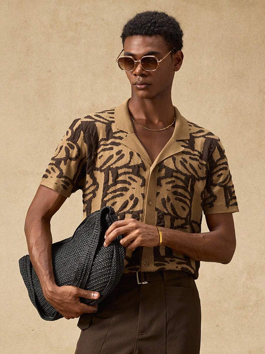 AKNOTIC 男士卡其色针织镂空花卉提花时尚休闲修身短袖针织上衣，适合夏季、秋季、度假、日常穿着、派对、情侣装、男士礼物、毕业礼物。 - 黃色 - 查看 1