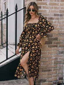 EMERY ROSE Vestido largo de mujer con estampado floral, cuello cuadrado, mangas con volantes y abertura en el muslo - Negro - Ver 4