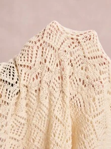Freevana 大码女式纯色镂空长袖单排扣针织开衫 - 杏色 - 查看 8