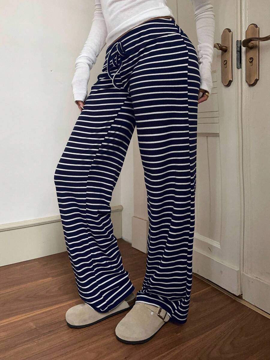 CovetEZ 女士低腰条纹印花抽绳瑜伽宽松阔腿裤 - 藍白色 - 查看 1