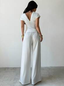 Firerie 2 件套女士新款白色褶皱衬衫和休闲优雅白色裤子套装 - 白色 - 查看 3