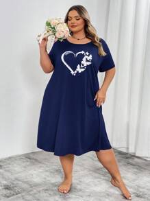 SHEIN CURVE+ Curve Plus 红色心形印花长裙，情人节/2026/新年 - 藏蓝色 - 查看 5