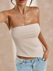 SHEIN BAE Aprikot einfarbiges ärmelloses Schlitz-Top, minimalistisches elegantes Bandeau-Top für Frauen, Frühling/Sommer - Aprikosenfarben - Übersicht 3