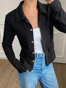 DAZY Women's Solid Color Fitted Elegant Vintage Collar Long Sleeve Textured Fabric T-Shirt, Autumn/Winter - Black - View 6