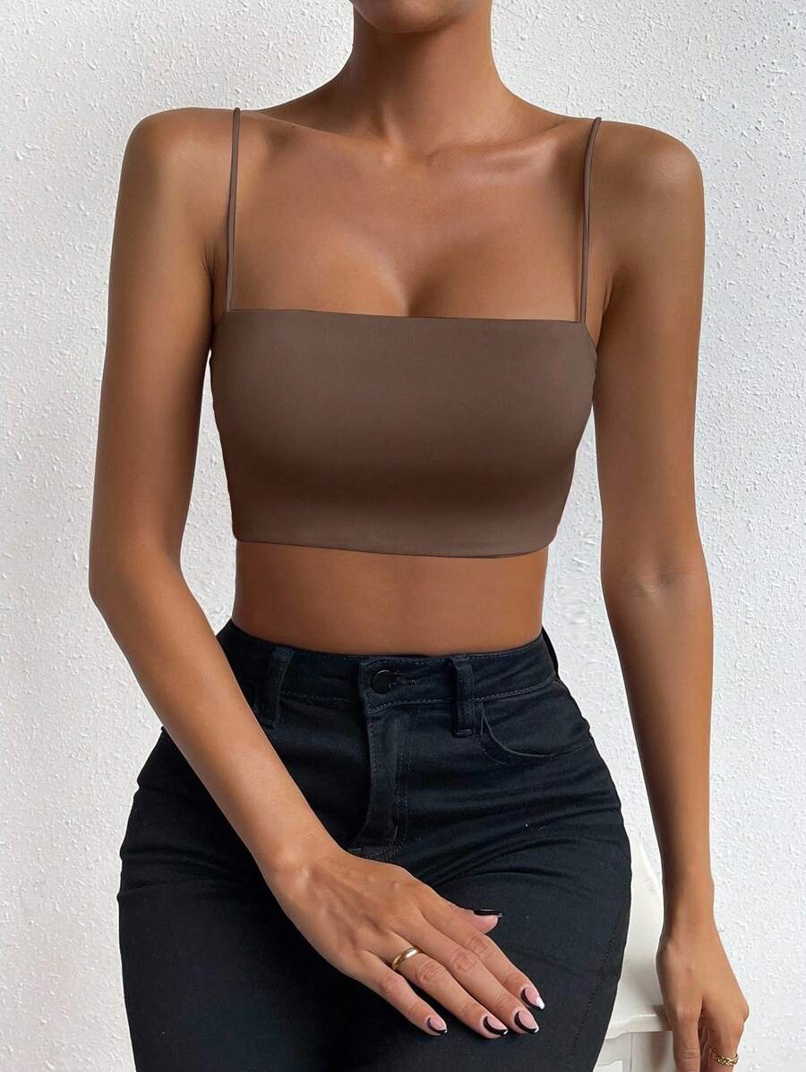 Chiquease Áo crop top màu cami - Cà phê nâu - Xem 1