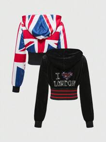 ROMWE J-Fashion Y2K Baddie Abby 旗帜英国水钻天鹅绒紧身女式运动衫 - 黑色 - 查看 2