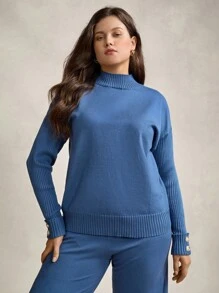 Zelara Plus Size Women's Blue Crew Neck Button Decor Pullover Sweater And Wide Leg Pants 2 Pieces Casual Loose Set, Warm For Autumn & Winter Fall - Blue - View 7