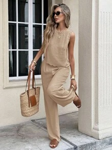 Serisse 2pcs Women Solid Color Round Neck Backless Sleeveless Top And Pants Set Brown Summer Casual