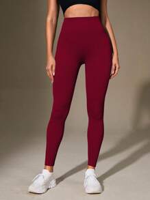 Easithlete Burgundy Rib-Knit High-Waisted Long Sports Seamless Leggings With Tummy Control And -Lifting Design Yoga Women Pants - Burgundy - View 4
