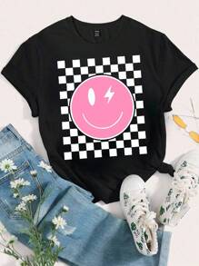 Women's Short Sleeve T-Shirt With Smiling Face And Checkerboard Pattern Graphic Tees Women Tops Black Graphic Tee Oversized Graphic Tee Women Checkerboard Graphic Tee Black T-Shirt Women