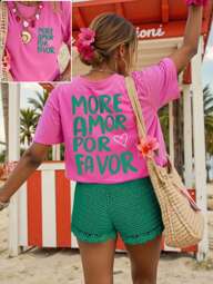 DrmWander Dames zomer T-shirt met letter- en hartprint, ronde hals, afhangende schouders en korte mouwen, casual