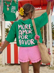 DrmWander Women's Casual Graphic Tee, Street Style Short Sleeve T-Shirt, Cute Summer Top, Vacation Vibe