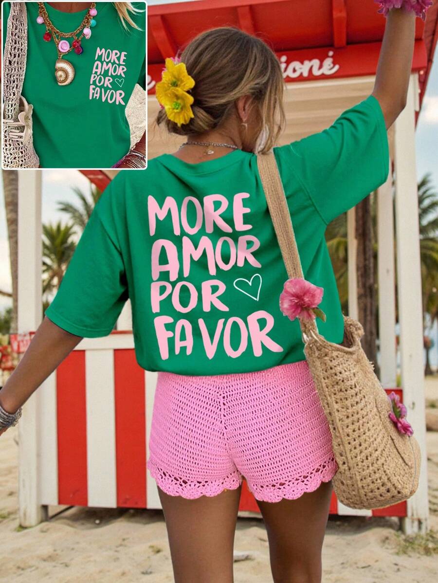 DrmWander Women's Casual Graphic Tee, Street Style Short Sleeve T-Shirt, Cute Summer Top, Vacation Vibe