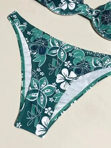 SHEIN Swim Summer Beach Tropical Print Underwire Design Swimwear Set - Green - View 4