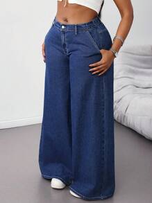 SHEIN Tall CURVE Quần áo mùa hè mùa thu cỡ lớn Quần áo mùa thu Quần áo trở lại trường Homecoming dễ thương Phong cách thập niên 2000 Kawaii Y2k Sân bay dành cho phụ nữ Khiêm tốn Tiền cũ Tulum Quần jean xanh ống rộng cạp thấp thường ngày đã giặt Quần jean ống rộng rộng thùng thình - Màu xanh lam - Xem 5