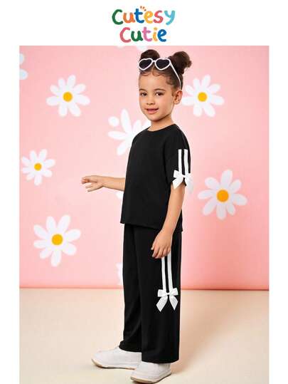 SHEIN 2 件套年轻女孩纯色针织宽松圆领 T 恤和阔腿裤套装