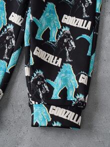 GODZILLAxKONG X SHEIN Bộ 2 chiếc/Bộ áo hoodie dài tay in chữ Monster cho bé trai và quần nỉ dáng rộng - Đen và trắng - Xem 5
