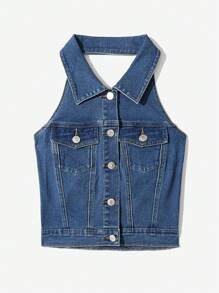 Rina Fox 时尚休闲无袖牛仔夹克和外套 - 深色水洗藍 - 查看 4