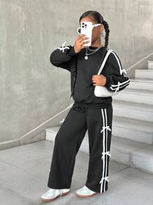 SHEIN 2 件套青少年女孩撞色蝴蝶结运动衫和紧身裤套装，休闲日常百搭时尚 - 黑色 - 查看 5