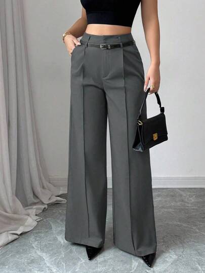 Chiquease Pantalon droit à taille haute unicolore décontracté Chiquease Spring avec ceinture vintage. Convient pour le travail, le style vintage, le confort urbain, les occasions spéciales, le style rétro chic, le minimalisme. Pantalon culotte, collection de vêtements cool, style de rue. Pantalon femme à jambes larges, taille haute, gris, pantalon habillé femme, pantalon femme