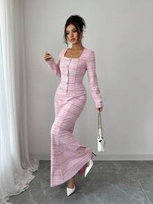 Elenzga Vestido de oficina elegante y romántico para mujer con cuello cuadrado, cintura ceñida y bajo de cola de pez - Multicolor - Ver 6