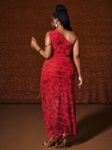 Maweii Plus Size Women's Floral Print Sleeveless Drawstring Waist Side Slit Hem Fashion Maxi Dress - Red - View 6