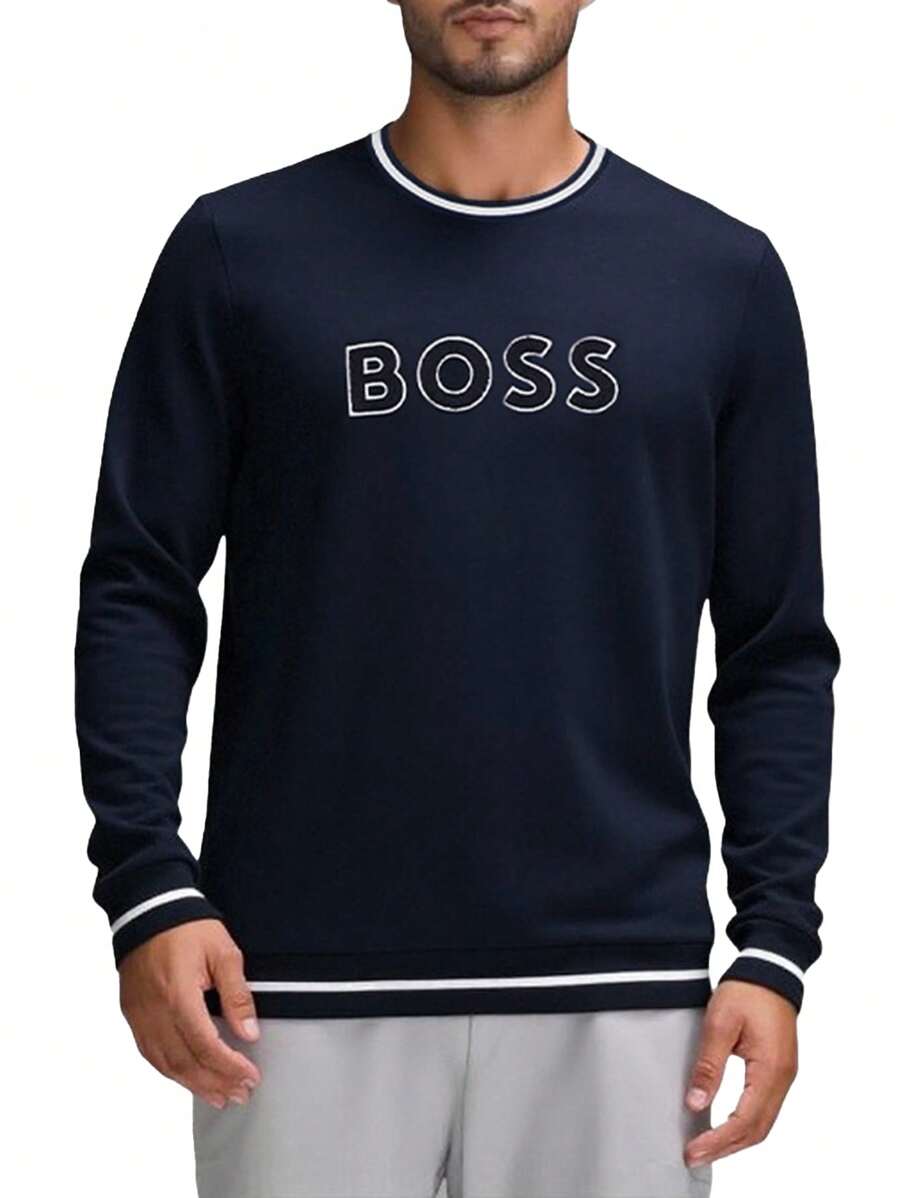 Hugo Boss Men's Casual Letter Pattern Round Neck Long Sleeve Loose Fit Sweatshirt - 403 Dark Blue - View 1