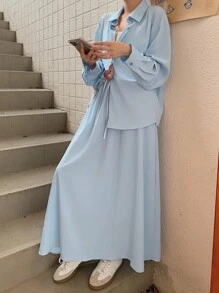 DAZY Conjunto de 2 piezas de camisa y falda de unicolor versátil y casual para mujer