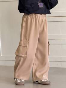 SHEIN Young Boys' Casual Side Pocket Cargo Pants Baggy Cargo Pants Khaki Cargo Pants Loose Pants Wide Leg Cargo Pants - Khaki - View 5