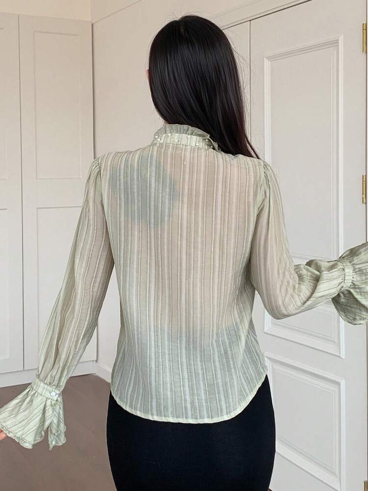 Women's Solid Color Beaded Collar Ruffle Hem Blouse, Autumn Long Sleeve Top