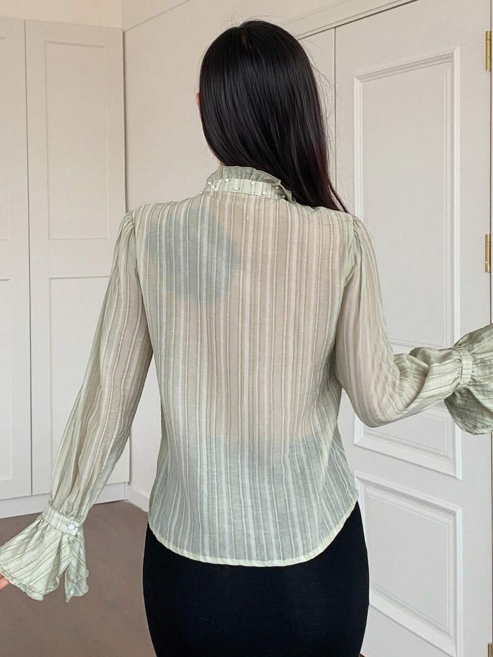 Women's Solid Color Beaded Collar Ruffle Hem Blouse, Autumn Long Sleeve Top