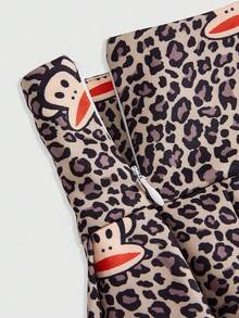 Paul Frank X ROMWE Falda plisada con estampado de leopardo y mono para mujer - Marrón - Ver 8