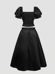 SHEIN MOD طقم أنيق من قطعتين من الساتان الأسود المزين بالخرز، مقاس كبير، بلوزة بأكمام منتفخة وتنورة متوسطة الطول واسعة، باللون الأسود، مناسب للحفلات والمناسبات الرسمية وموسم التخرج، أنيق ورومانسي - الأسود - مشاهدة 4