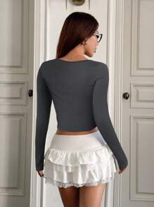SHEIN EZwear 女式秋季灰色撞色蕾丝圆领长袖短款修身T恤 - 深灰色 - 查看 2