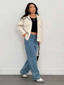 SHEIN PETITE 适合秋冬季的女士羊毛大衣外套 - 杏色 - 查看 7