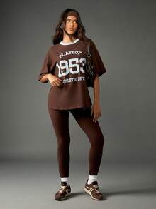 Missguided x Playboy Áo thun cổ tròn phong cách đại học cổ điển cỡ lớn họa tiết Collegiate 1953, cổ tròn, thu đông, thường ngày, áo phông cơ bản, màu nâu trắng tương phản - màu nâu - Xem 3