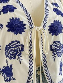 Soleia Áo khoác vest dài tay vải lanh thêu màu xanh dành cho nữ cỡ lớn - Nhiều màu - Xem 3