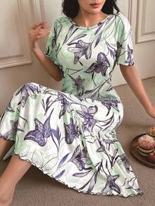 Serenescape 全身花卉印花生菜下摆休闲女式睡袍 - 綠色 - 查看 6