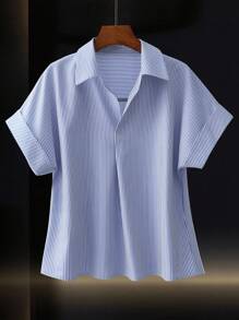 Franclia Fashionable High-End French Design Loose Batwing Sleeve Striped Collar Women Shirt Clothes For University Blue And White Striped Shirt Loose Shirt Blue Striped Shirt Baggy Shirt Oversized Shirt - Blue and White - View 4