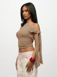 SUMWON WOMEN 女式钩针单肩短款上衣长款系带细节夏季春季修身不对称波西米亚风节日针织毛衣衬衫 - 杏色 - 查看 1