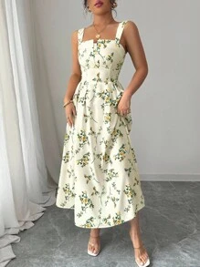 Elenzga 最新款花卉印花优雅腰部褶皱连衣裙，春夏季女士 - 黃色 - 查看 4