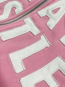 ROMWE MEN Prep Men's Fluffy Collar Embroidered Graphic Open Front Sweatshirt, Loose Cropped Style , Fall Winter - Pink - View 5